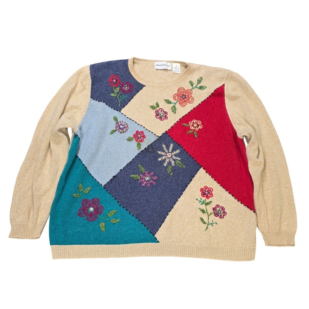 Alfred Dunner Floral Embroidery‎ Patchwork Women's Size XL Tan Red Colorblock